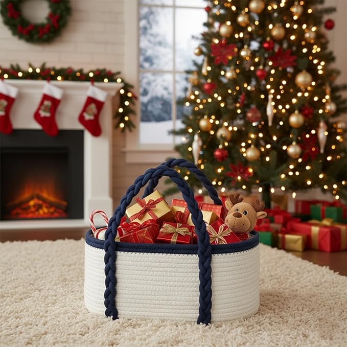 Baby Diaper Caddy, Portable Diaper Organizer for Changing Table, Car Travel Baby Shower Gifts Newborn Essentials, Cotton Rope Nursery Storage Basket for Boys (White＆Navy Blue)