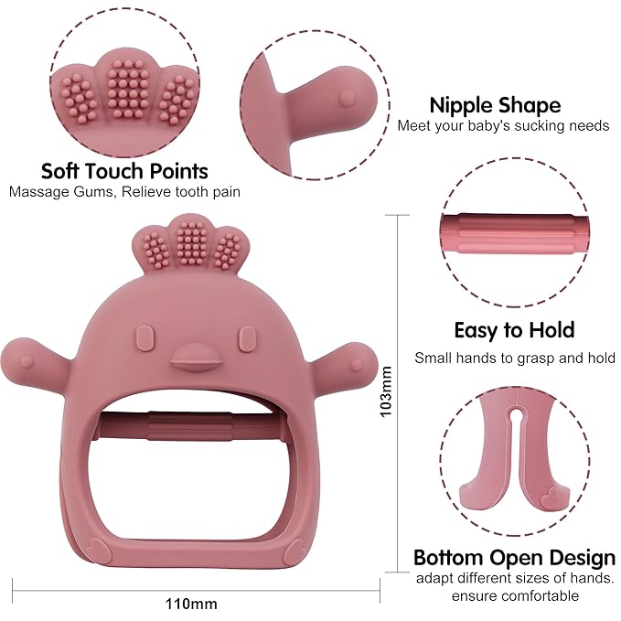Baby Teether Toy for Infants 3–24 Months, Silicone Biting Toy with Handle, Textured Surface for Gum Soothing, Easy to Hold and Clean, Travel-Friendly Design (Chicken Dark Pink)