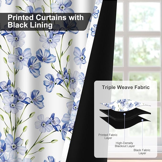 Blackout Curtains 84 inch Length 2 Panels Set, Room Darkening Farmhouse Curtains for Bedroom Living Room, Floral Grommet Thermal Privacy Nursery Black Out Curtain Winter Window Drapes with Black Liner