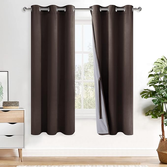 XWZO Complete Blackout Shades Window Curtain Panels with Tiebacks- Noise Reduction and Light Blocking Grommet Curtains with Black Liner for Studio, Basement Room, Brown, W42 x L72, Set of 2