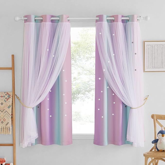 NICETOWN Bedroom Curtains 63 inch Length Ombre Curtains Grommet Rainbow Princess Drapes for Girls Living Room Bedroom Decor, 1 Pair, Blue & Purple & Pink, 42" W x63 L