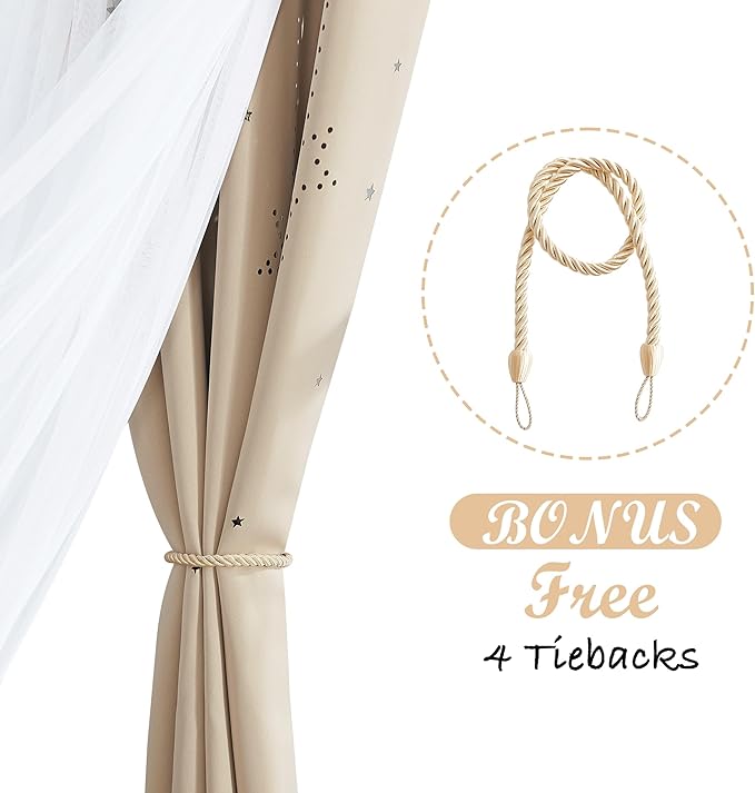 NICETOWN Kids Blackout Curtains for Baby Rooms Girl Princess Curtain for Daughter Bedroom Window Moon and Star Hollout Sliding Door Panel for Living Room (Biscotti Beige, W52 X L84, 1 Panel)