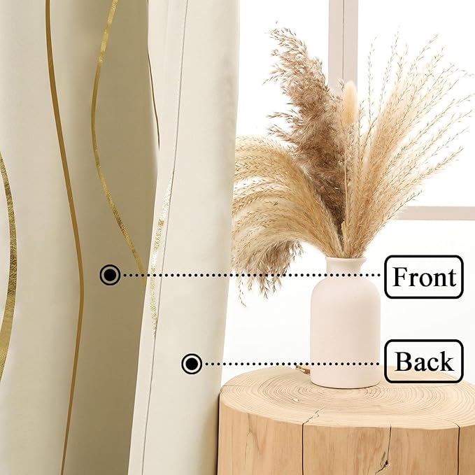 L.Z.E Cream and Gold Curtains 96 Inch Long for Bedroom Living Room, Elegant Blackout Thermal Insulated Window Drapes with Gold Foil Wave Pattern, 85% Room Darkening Grommet Top, 2 Panels Set