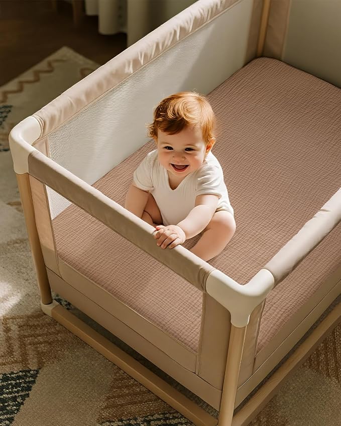 Muslin Pack and Play Sheets Fitted, 100% Cotton Mini Crib Sheets 2 Pack for Pack N Play Mattress, Stretchy Playard Sheet, Soft and Breathable Beige & Brown