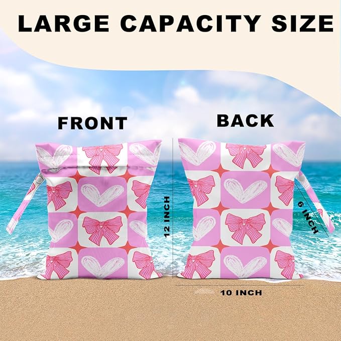 2Pcs Pink Bow Wet Bags 12x10 Inch, Heart Waterproof Wet Dry Bags, Reusable Washable Travel Laundry Bag for Swimsuit Beach Diapers Dirty Yoga Gym Clothes, Butterfly Gifts for Women Friend Travelers