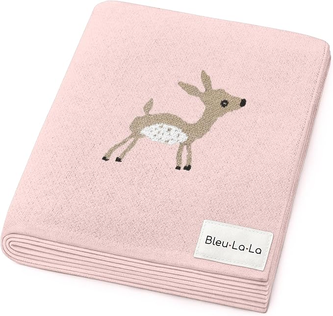 Knit Baby Swaddle Blanket - 100% Cotton Soft Cozy Receiving Swaddle Stroller Blanket for Shower Gift Registry for Newborns, Infants, Toddlers (Deer - Pink)
