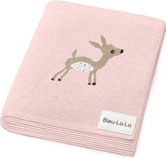 Knit Baby Swaddle Blanket - 100% Cotton Soft Cozy Receiving Swaddle Stroller Blanket for Shower Gift Registry for Newborns, Infants, Toddlers (Deer - Pink)