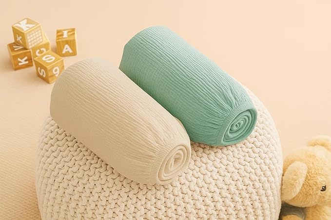 Muslin Bassinet Sheets Set of 2, Green & Beige Bassinet Sheets 33x17 Inches, Soft Fitted Bedside Sheets for Rectangle & Oval Mattress, Breathable, Gentle, Won’t Slide or Wrinkle