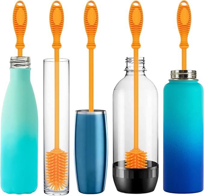 Kitchiny 12.5" Silicone Bottle Brush & Straw Cleaner Brush Set | Water Bottle Cleaner for Hydro Flasks, Tumblers, Glassware, Vases and Narrow Neck Containers