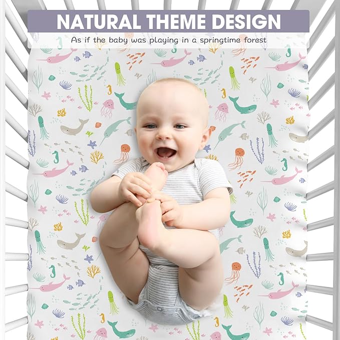 Bimocosy Crib Sheets 4 Pack, Baby Crib Sheets Fitted for Boys and Girls Breathable & Snug Fit, Soft Toddler Bed Sheets for Standard Crib Mattress Nursery Daycare Essentials, Ocean Friends