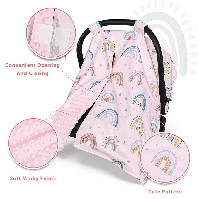 Car Seat Cover Baby, Peekaboo Opening Carseat Covers Baby Girl, Warm Minky Infant Car Seat Canopy, Multi-Use Cover Protecting Baby from Wind, Sun, Strangers, Pink Rainbow