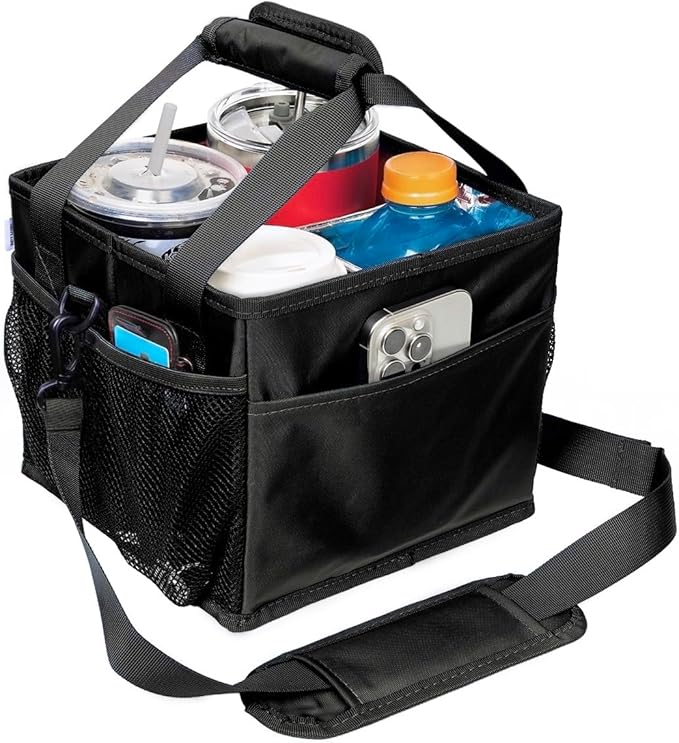 Reusable Drink Carrier with Handle – Tip-Resistant 4 Cup Carrier with Shoulder Strap for Delivery – Insulated, Foldable, Adjustable Dividers – Portable Caddy Tote Bag, Drink Holder for Car