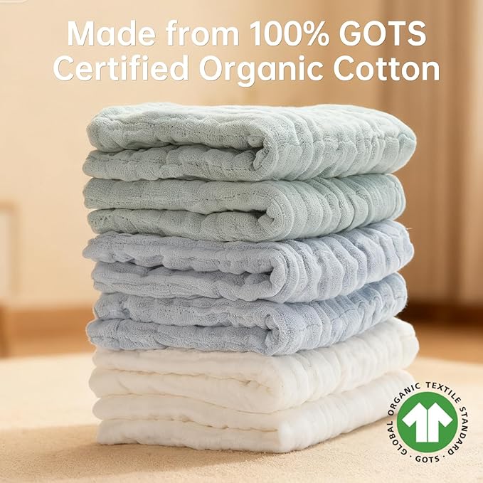 Bear Rocket Organic Muslin Baby Washcloths 6 Pack Baby Bath Face Towel 12x12 Inch Extra Absorbent and Soft Burp Cloth and Wash Cloths for Newborn-Infants On Sensitive Skin (White Blue Green)