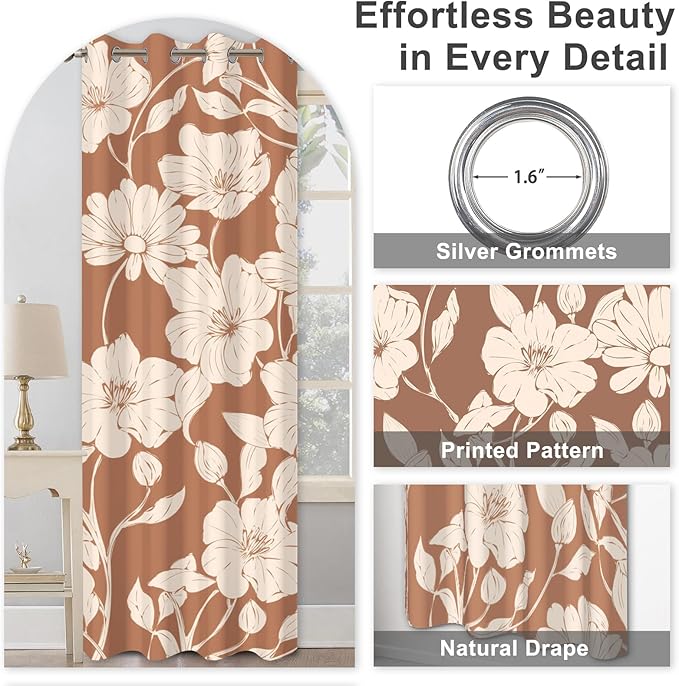 Floral Blackout Curtains for Bedroom and Living Room, Patterned Vintage Brown Bedroom Curtains 84 Inch Length 2 Panels Set, Grommet Thermal Room Darkening Drapes Soundproof and Maintain Privacy
