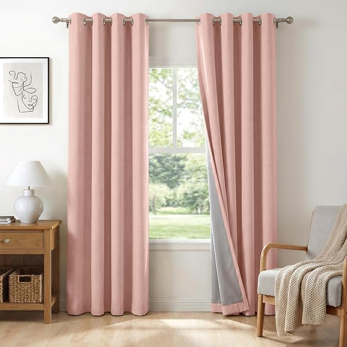 100% Blackout Shield Linen Blackout Curtains for Bedroom, Blush Pink Grommet Curtains for Living Room, Thermal Insulated Room Darkening Drapes for Nursery, Boho Home Decor, 50" W x 96" L, 2 Panels