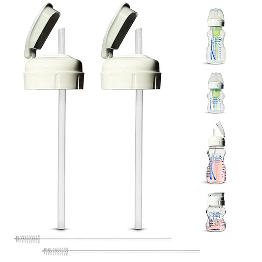 Flip Top Straw Lid for Dr. Brown's Natural Flow Anti-Colic Options+ Wide-Neck Baby Bottles, 2-Count, Cleaning Brush, Food Grade Silicone, BPA-Free, Spill-Proof, Converts to Straw Bottle, 6+ Months
