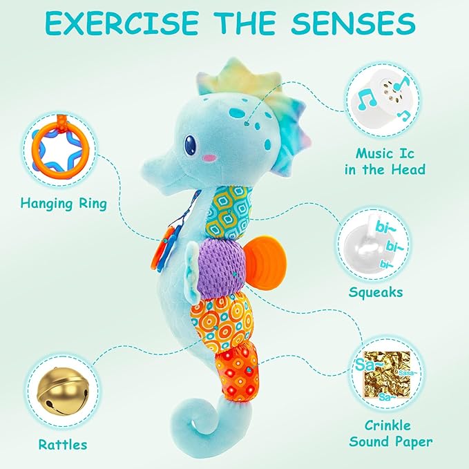 Fuzqq Baby Toys 0-6 Months,Musical Stuffed Animal Plush Toy with Rattle,Soft Newborn Toy for 0 3 6 9 12 Months Girls,Baby Boy Gift,Blue