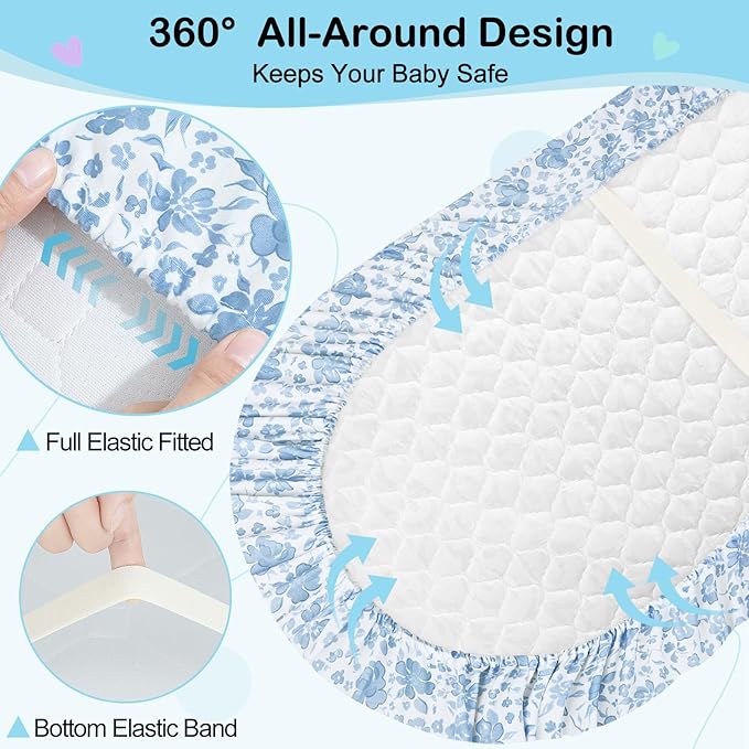 FIOBEE Baby Bassinet Sheets for Girls Boys 2 Pack Waterproof Bassinet Mattress Elastic Fitted Crib Sheets Universal Fit for Hourglass Oval and Rectangle Bassinet Sheet, Blue