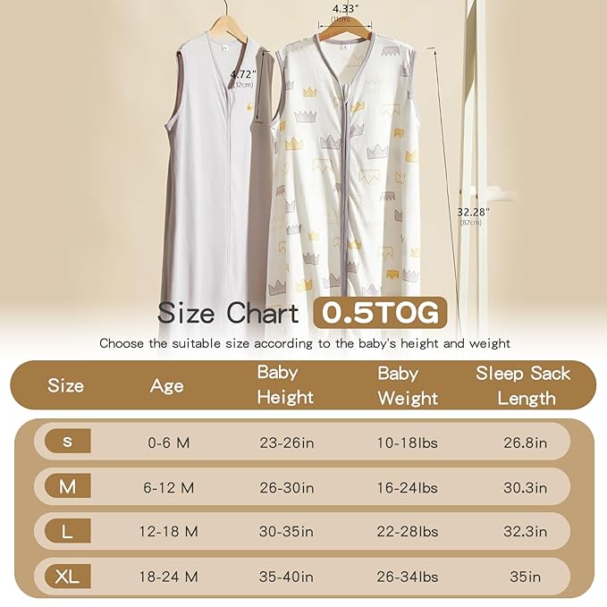 TILLYOU 2 Pack Baby Sleep Sack 6-12 Months 100% Cotton Wearable Blanket 0.5 TOG Sleeveless Summer Sleep Sacks with 2-Way Zipper, Gray Crown