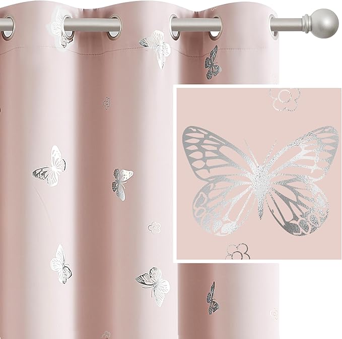 Jubilantex Butterfly Blackout Curtains Pink Silver 95" Long for Girls Bedroom Living Room Nursery Window Curtains with Black Layer,Grommet Top