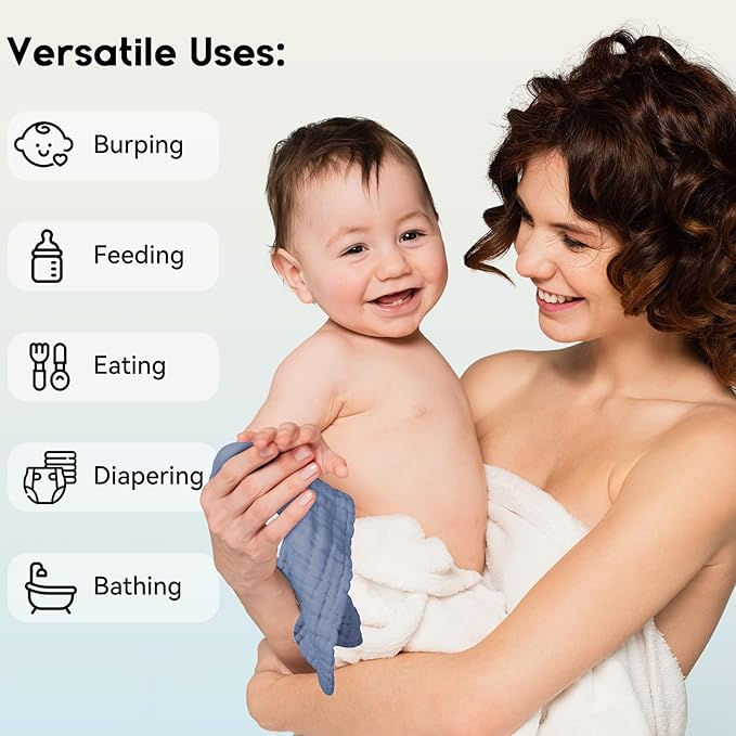 Unnivoll Muslin Baby Washcloths 6 Pack, 100% Cotton Wash Cloths for Babies, Large 12''X12'' Burp Cloths Absorbent and Soft for Newborn Infants Kids Boys Girls - Gradient Blue