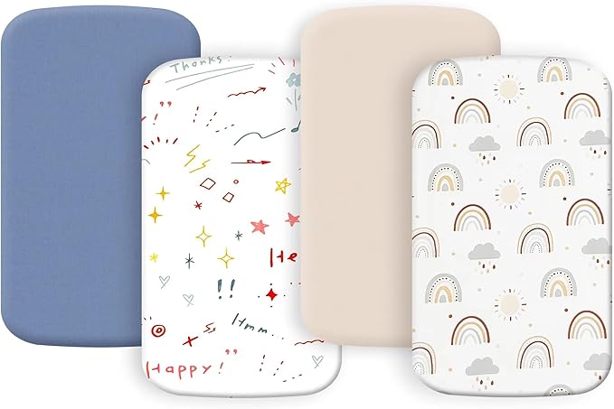 4 Pack Bassinet Sheets 19" x 33", Compatible with Baby Delight, BabyBond and Dream On Me Skylar/Lotus/Traveler Baby Bassinet, Soft and Skin-Friendly, Blue and Color Rainbow
