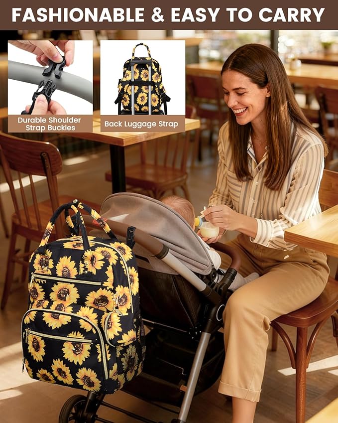 Diaper Bag Backpack,Baby Essentials Diapers Bag with Pacifier Case,Multipurpose Stylish Large Capacity Travel Backpack for Baby Girl/Boy(M-Sunflower)