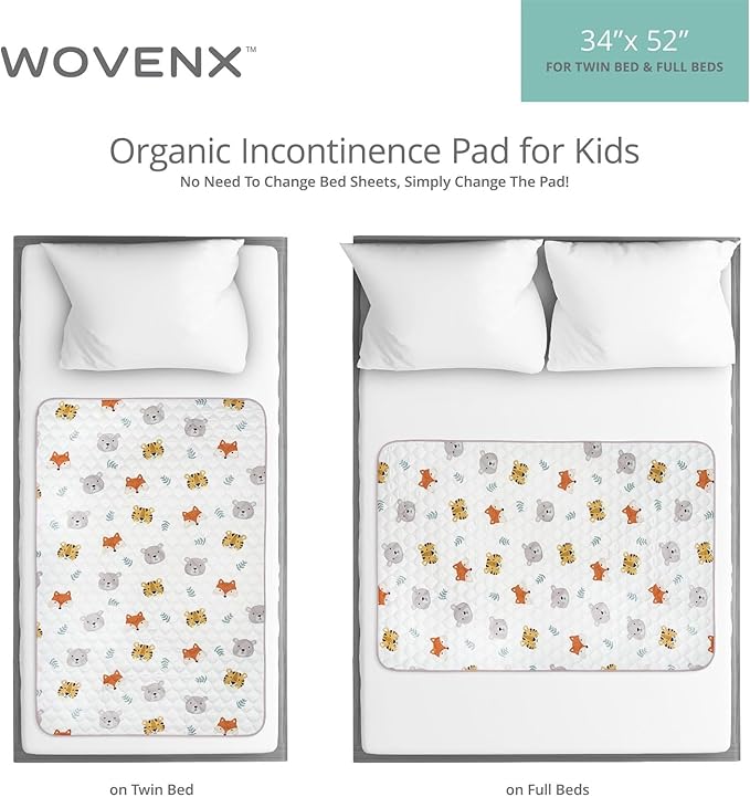 WOVENX Organic Incontinence Pads for Kids & Toddlers - 5 Layer Waterproof Protectors for Overnight Bed Wetting - Reusable & Washable Pee Pads - Fits Twin to Full Size Beds - 34" x 52" Tiger Bear Fox