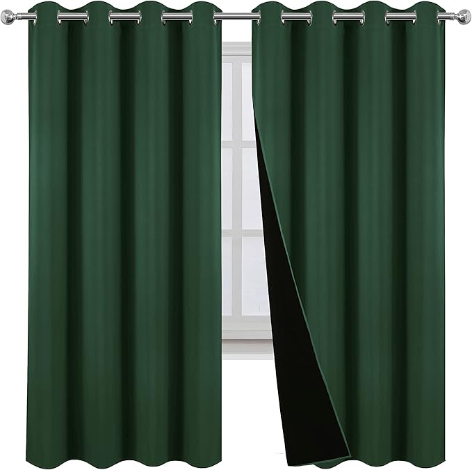 LEMOMO 100% Blackout Curtains 52 x 72 Inch Green Curtains 2 Panels Darkening Thermal Insulated Bedroom Curtains
