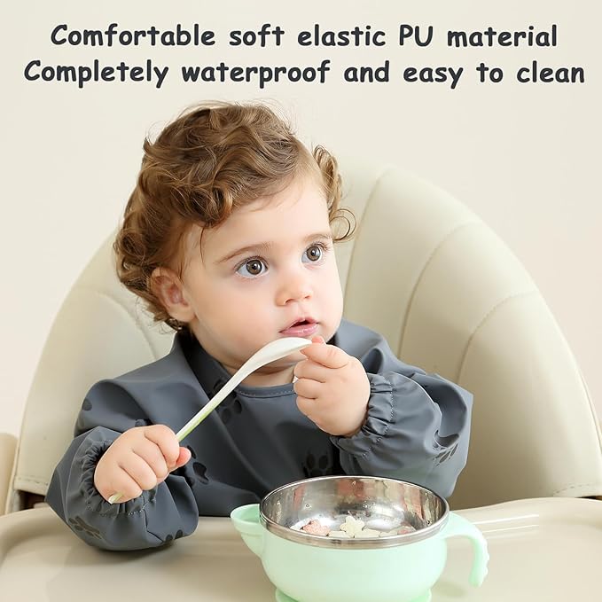 PewinGo Baby Bib with Long Sleeves Bib & BLW, Machine Washable & Soft and Skin-Friendly Material, Coverall Bibs for Baby Feeding, Waterproof and Easy to Clean, for Baby Infant Toddlers (Dark Grey)