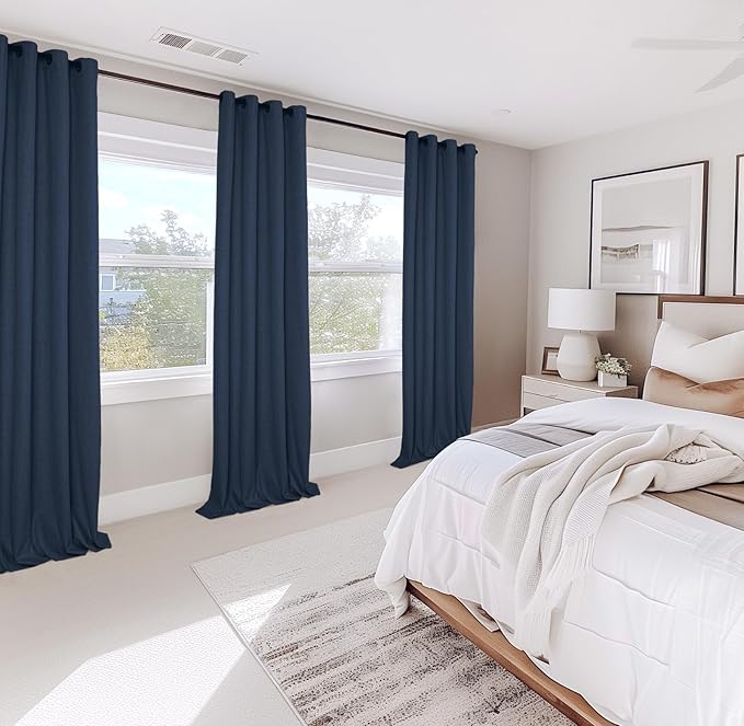 100% Blackout Shield Linen Blackout Curtains for Bedroom, Midnight Blue Grommet Curtains for Living Room, Thermal Insulated Room Darkening Drapes for Nursery, Boho Home Decor, 50" W x 72" L, 2 Panels
