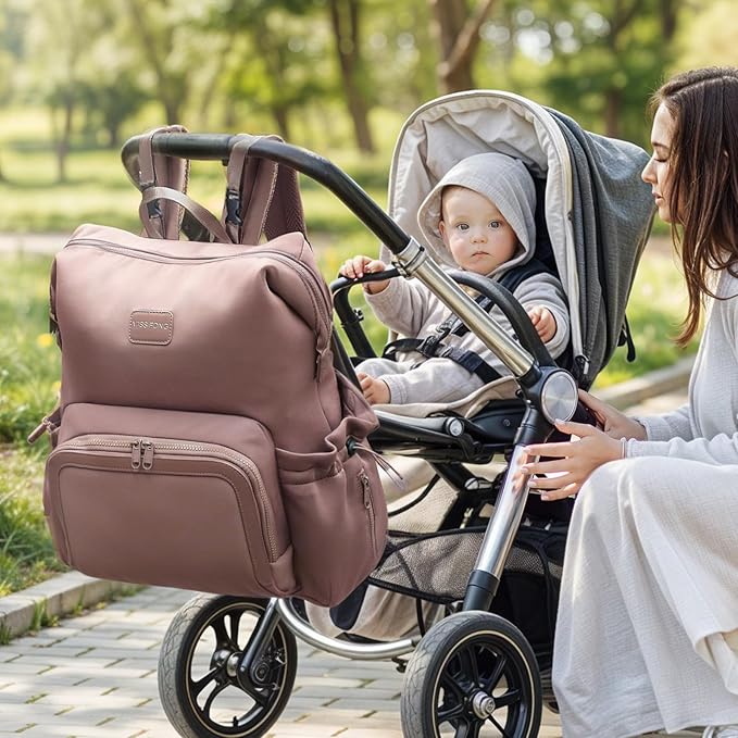 miss fong Diaper Bag Backpack - Baby Diaper Bag Neoprene Bag Large Capacity Neoprene Backpack with Diaper Changing Pad with 12 Pockets Pañaleras Para Bebe Baby Backpack for Mom & Dad -Mauve