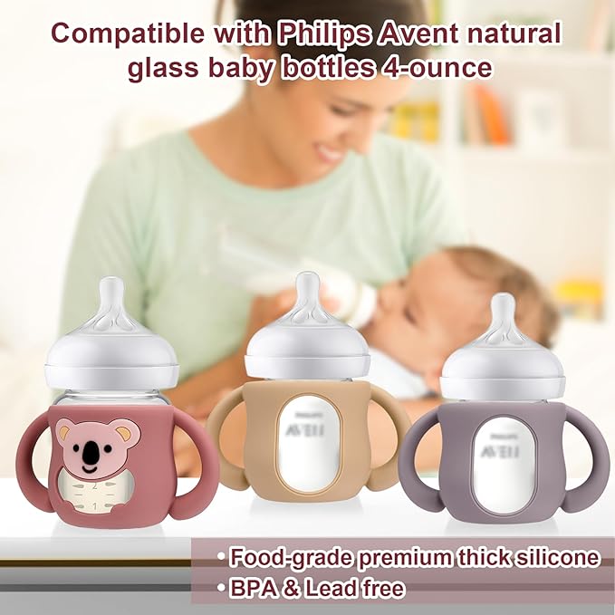 Juome Silicone Sleeves with Handles for Avent Natural Glass Baby Bottle - 3 Pack Koala Shape Anti Breakage Baby Bottles Holder, Compatible with Philips Avent Anti Colic Baby Bottles 4 oz
