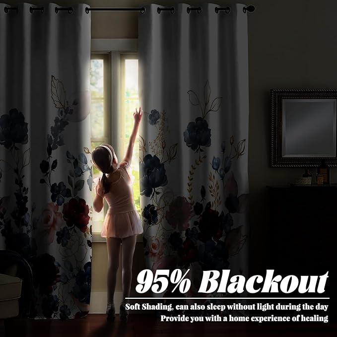 Renaiss Floral Blackout Curtains Watercolor Gray Blue and Red Peony Flower Bloossom Thermal Insulated Window Drapes for Bedroom 53W x 63L inches 2 Panel Set Window Curtains for Living Room