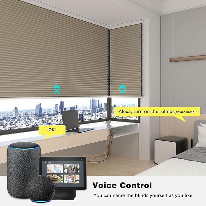 Changshade Motorized Cellular Shades with Remote Control Smart Blinds Compatible with Alexa, Google Home, Smarthings, Custom Size Electronic Automatic Shades for Indoor Windows Doors, Blackout, Brown