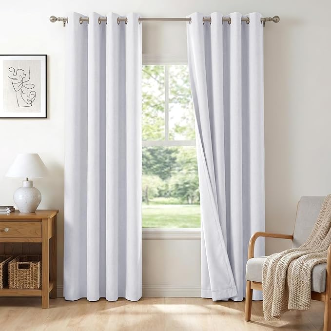 100% Blackout Shield Linen Blackout Curtains for Bedroom, Bright White Grommet Curtains for Living Room, Thermal Insulated Room Darkening Drapes for Nursery, Boho Home Decor, 50" W x 72" L, 2 Panels