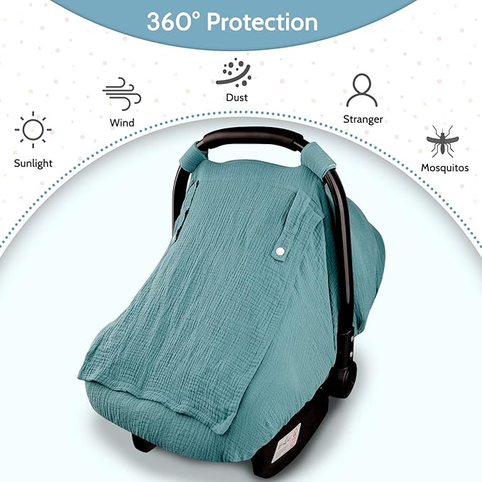 Muslin Car Seat Covers for Babies, Summer Baby Car Seat Cover for Boys Girls with Breathable Window, Lightweight Infant Car Seat Canopy, Blue