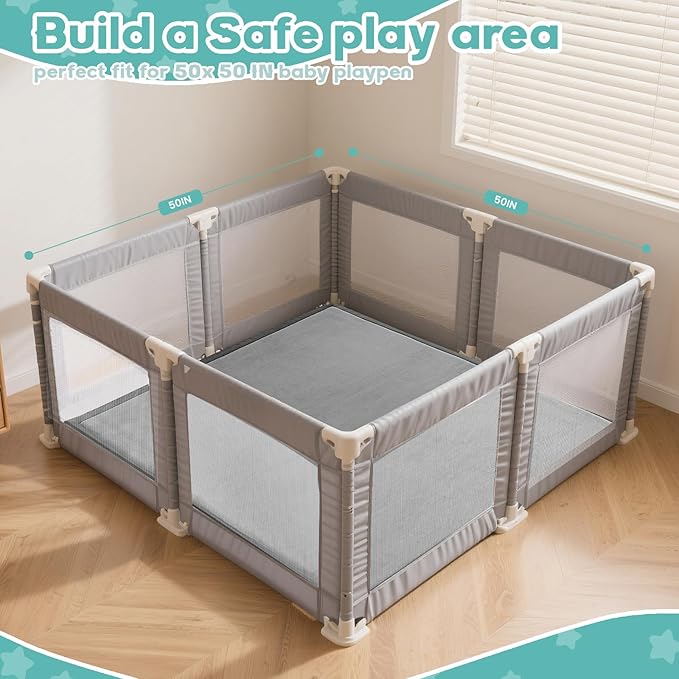 Baby Play Mat for Floor,1.3" Thick Elasti-Foam Playpen Mat for Tummy Time, Easy Care with Non-Slip Cushioned for Infant,Kids and Toddler Crawling