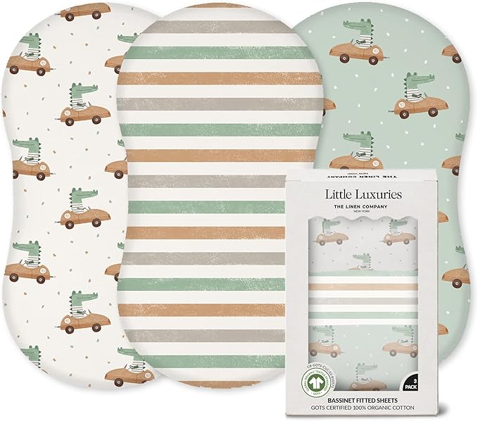 100% Organic Cotton Bassinet Sheets (3 Pack) - Ideal for Halo Bassinest Mattress - GOTS Certified - Pre-Shrunk Sheet for Hourglass Mattress - Breathable Percale Weave Soften with Each Wash (30"x16")