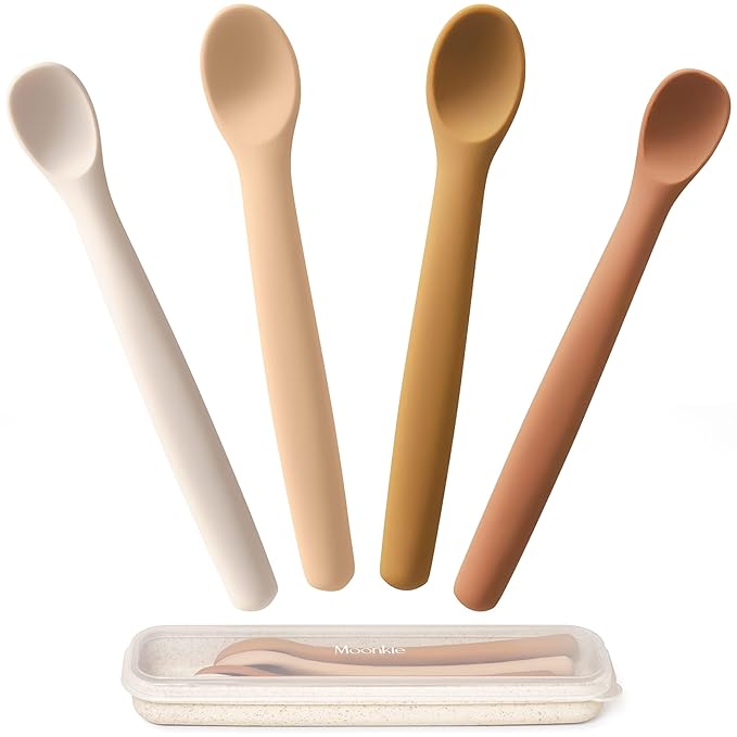 Moonkie Silicone Baby Spoons Set of 4, Toddler Spoons for Self Feeding 6 Months, Two Sizes Feeding Spoons for First Stage 4+ Months, Infant, Baby Utensils with Case, Bendable, Chewproof & Boil-proof