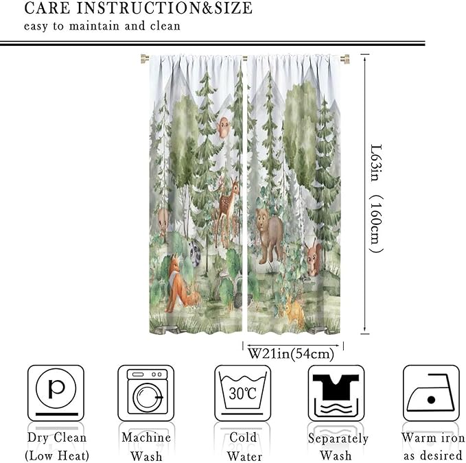 Kids Forest Animal Curtains,Fox Elk Bird Animal Watercolor Woodland Print Curtains Kids Nursery Bedroom Living Room Home Decoration 42x63 Inch