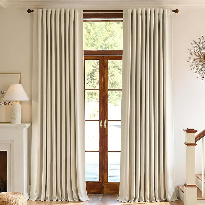 Chenille Blackout Curtains for Bedroom 96 Inches Long Light Block Living Room Curtains Beige Room Darkening Drapes Triple Weave Noise Reducing Drapes Thick Thermal Insulated Window Curtains 2 Panels