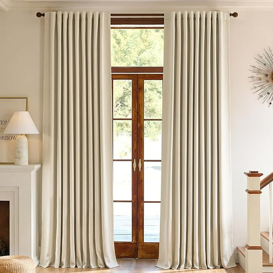 Chenille Blackout Curtains for Bedroom 96 Inches Long Light Block Living Room Curtains Beige Room Darkening Drapes Triple Weave Noise Reducing Drapes Thick Thermal Insulated Window Curtains 2 Panels