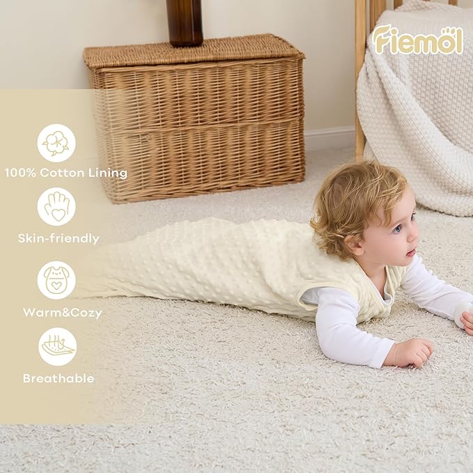 FIEMOL Fleece Baby Sleep Sack 12-18 Months, 1.5 TOG Cotton Baby Wearable Blanket With Soft Plush Dots, 2 Pack Newborn and Infant Warm Sleeping Sack with 2-Way Zipper Beige&Green