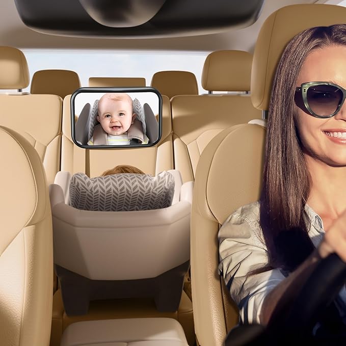 OMOTON Baby Car Mirror, Safety Car Mirror with Retractable Arm & Wide Crystal Rearview for Backseat, 360° Adjustable & Shatterproof, Easy Install Baby Essentials