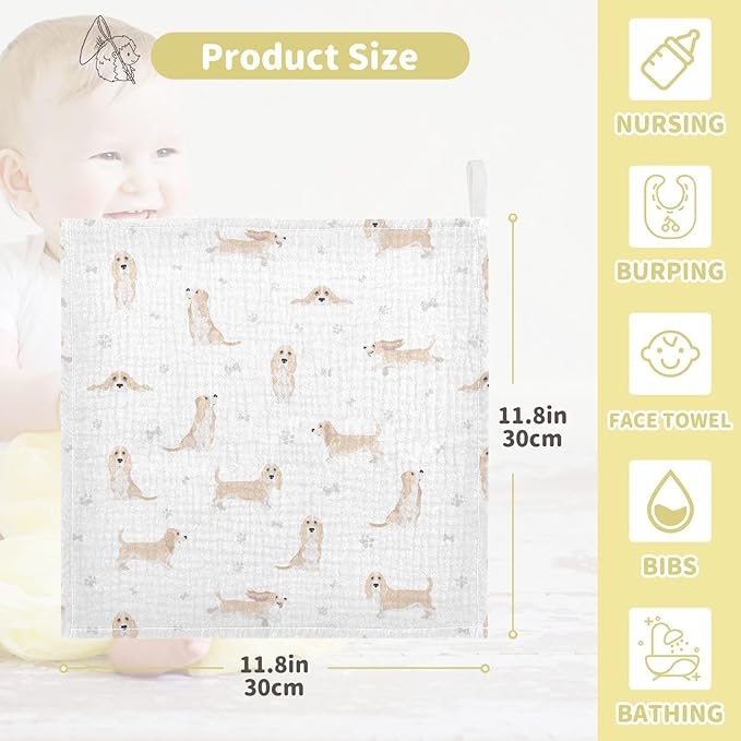 vvfelixl Baby Cotton Washcloths Basset Hound Dog Infants Bath Towel for Unisex Face Towels for Newborn, Natural Baby Wipes Delicate Skin, 11.8 X 11.8 inch, one sizex3