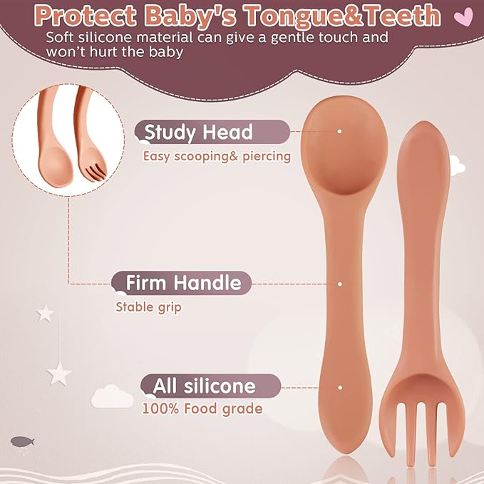 Nuenen 6 Pieces Silicone Baby Feeding Forks and Spoons Set Hot Safety First Stage Self Feeding Supplies Mini Kids Utensils for over 6 Months Babies Boy Girl Toddlers First Foods (Plain Color)