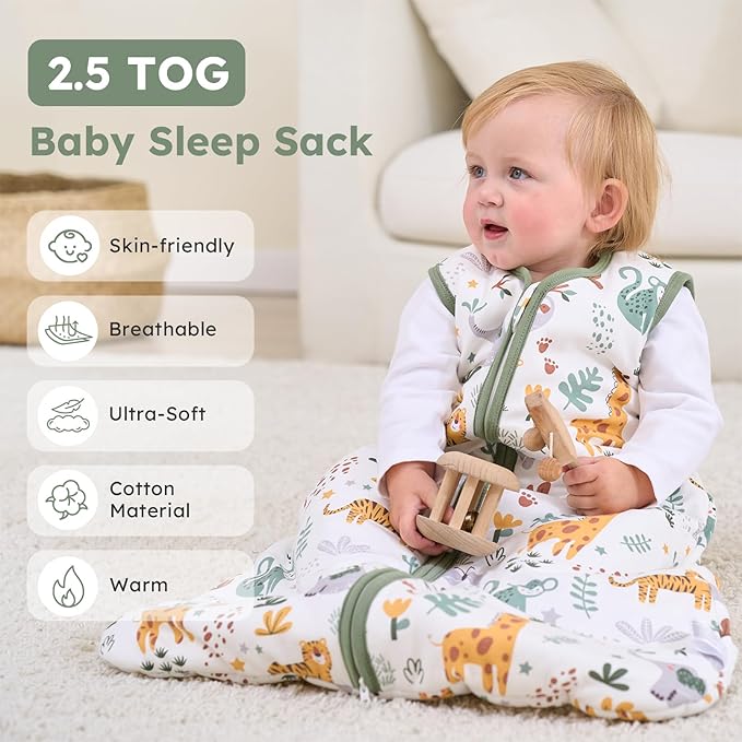 FIEMOL Baby Sleep Sack 6-12 Months, 2.5 TOG Cotton Winter Baby Wearable Blanket with 2-Way Zipper, Warm Soft Sleeping Bag for Newborn Infant Boy Girl, Medium Giraffe