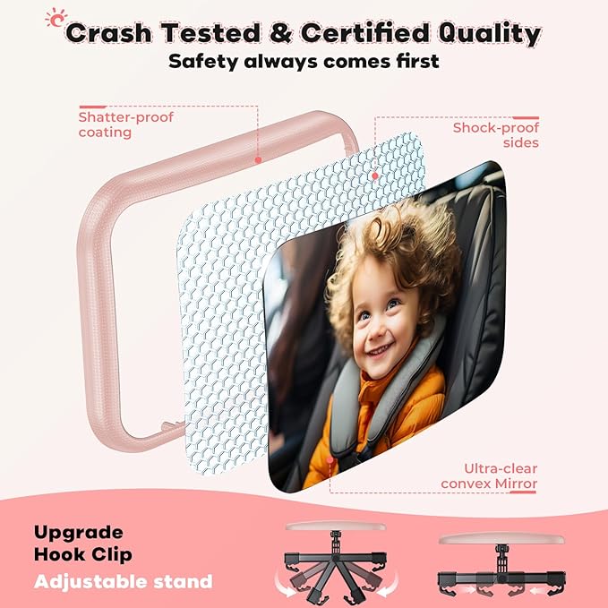 Baby Car Mirror for Baby Car Seat Safely Mirror Hook Clip Design for Rear Facing Infant Newborn 360° Rotation Baby Backseat Mirror Wide Clear View Shatterproof Easy Install Baby Essentials - Pink