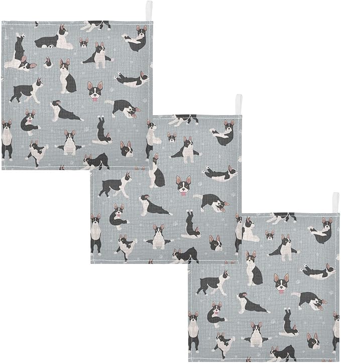vvfelixl Baby Muslin Washcloths Boston Terrier Baby Burp Cloths Cotton Baby Face Towel for Newborn Infants Boys Girls Soft and Absorbent 11.8 X 11.8 in, 3 Pack